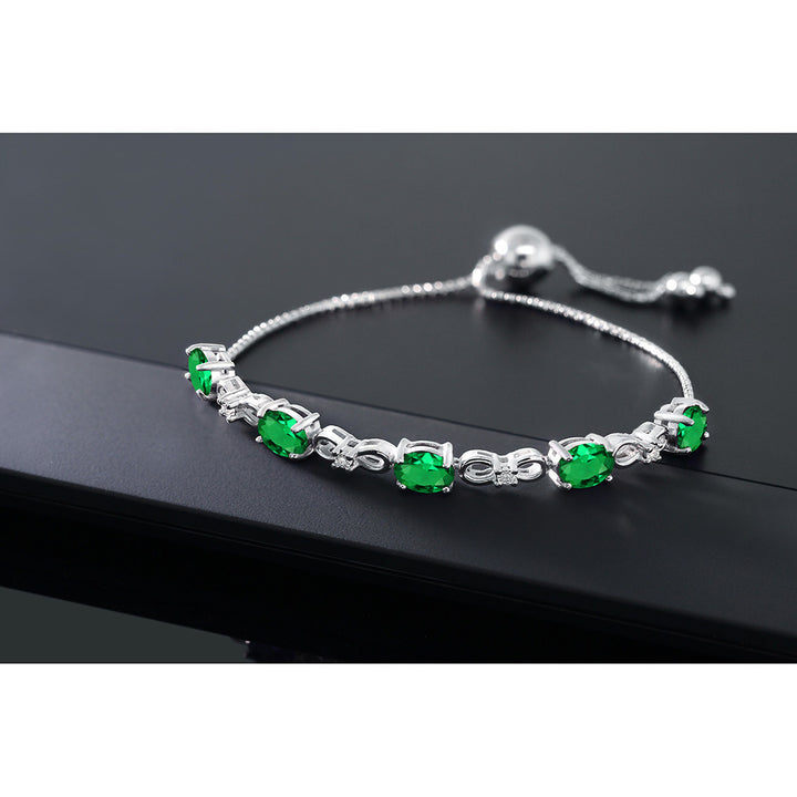 925 Sterling Silver Green Nano Emerald and White Lab Grown Diamond Tennis Bracelet For Women (3.02 Cttw, Gemstone May Birthstone, Oval 7x5MM, Fully Adjustable Up to 9 Inch)