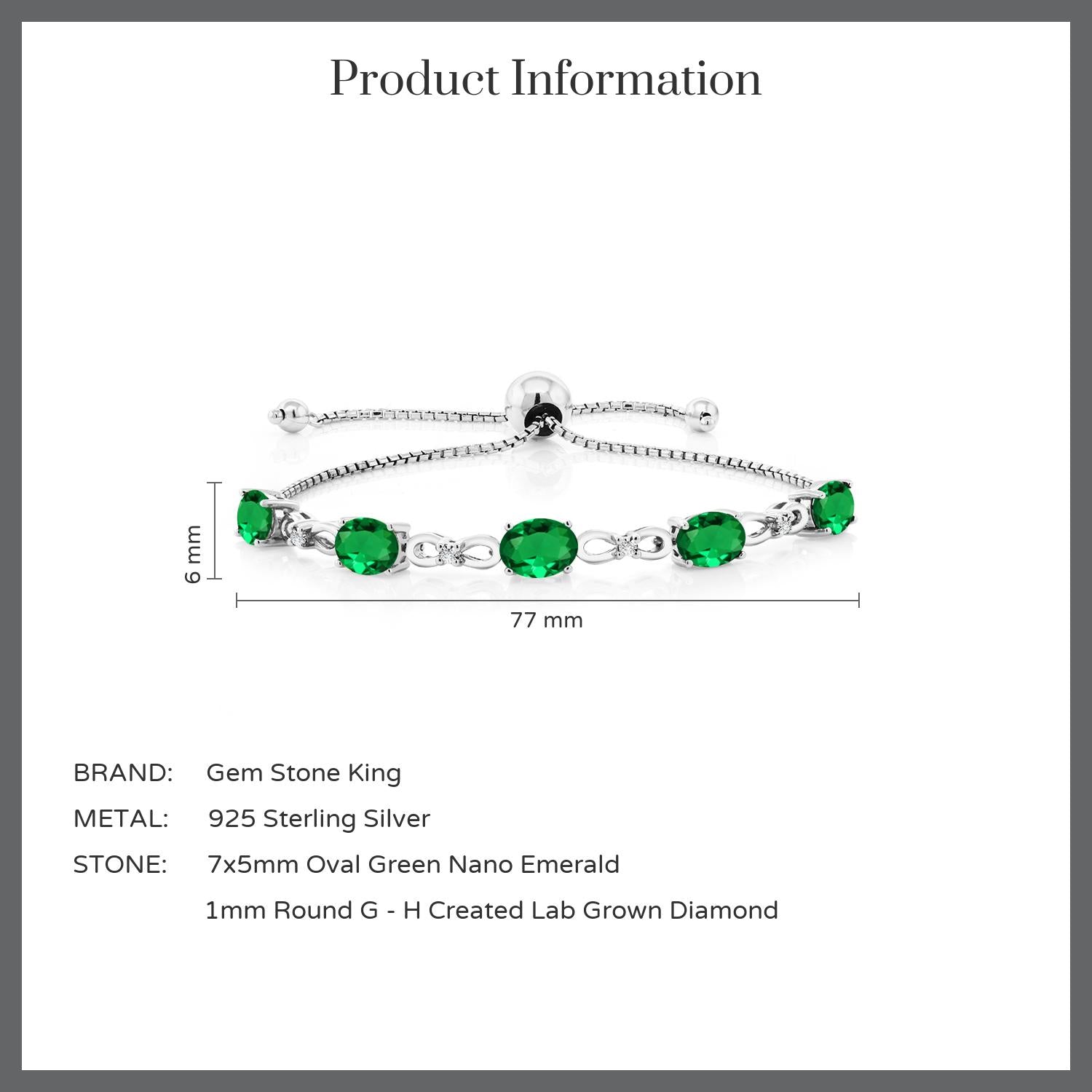 925 Sterling Silver Green Nano Emerald and White Lab Grown Diamond Tennis Bracelet For Women (3.02 Cttw, Gemstone May Birthstone, Oval 7x5MM, Fully Adjustable Up to 9 Inch)