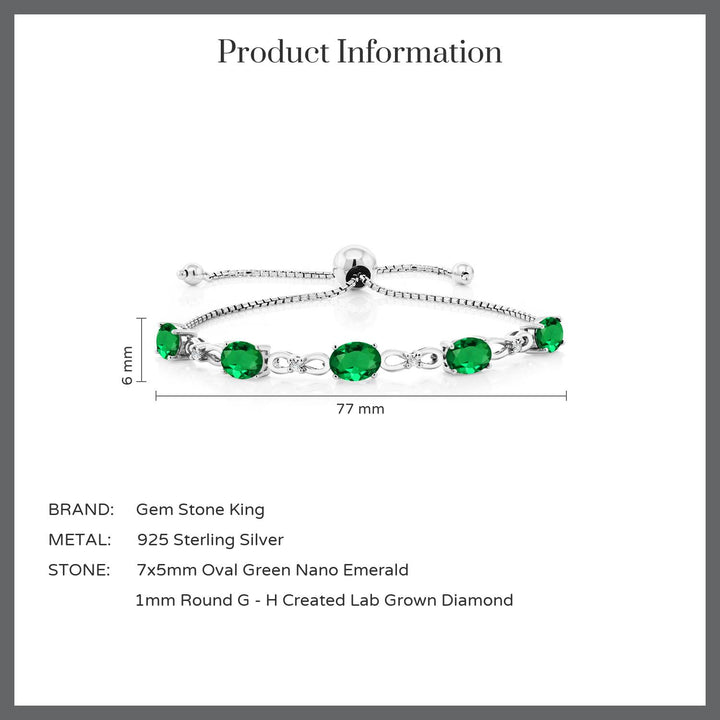 925 Sterling Silver Green Nano Emerald and White Lab Grown Diamond Tennis Bracelet For Women (3.02 Cttw, Gemstone May Birthstone, Oval 7x5MM, Fully Adjustable Up to 9 Inch)