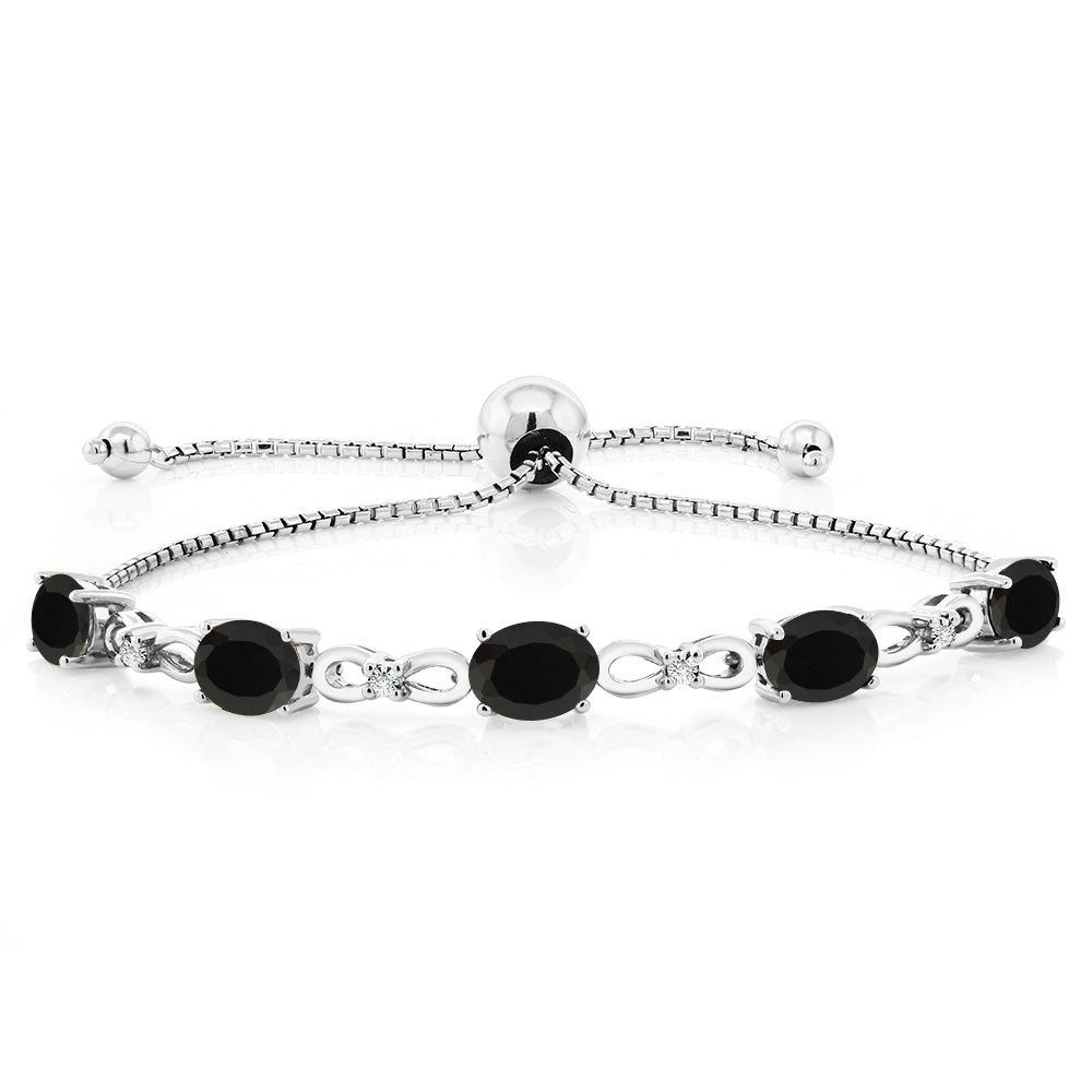 925 Sterling Silver Black Onyx and White Lab Grown Diamond Tennis Bracelet For Women (3.52 Cttw, Gemstone December Birthstone, Oval 7x5MM, Fully Adjustable Up to 9 Inch)