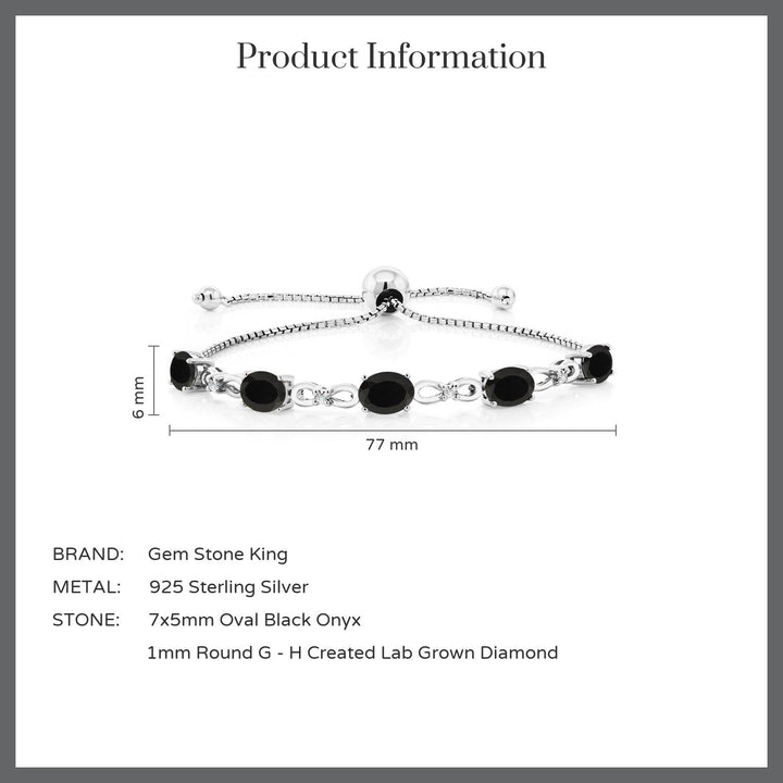 925 Sterling Silver Black Onyx and White Lab Grown Diamond Tennis Bracelet For Women (3.52 Cttw, Gemstone December Birthstone, Oval 7x5MM, Fully Adjustable Up to 9 Inch)