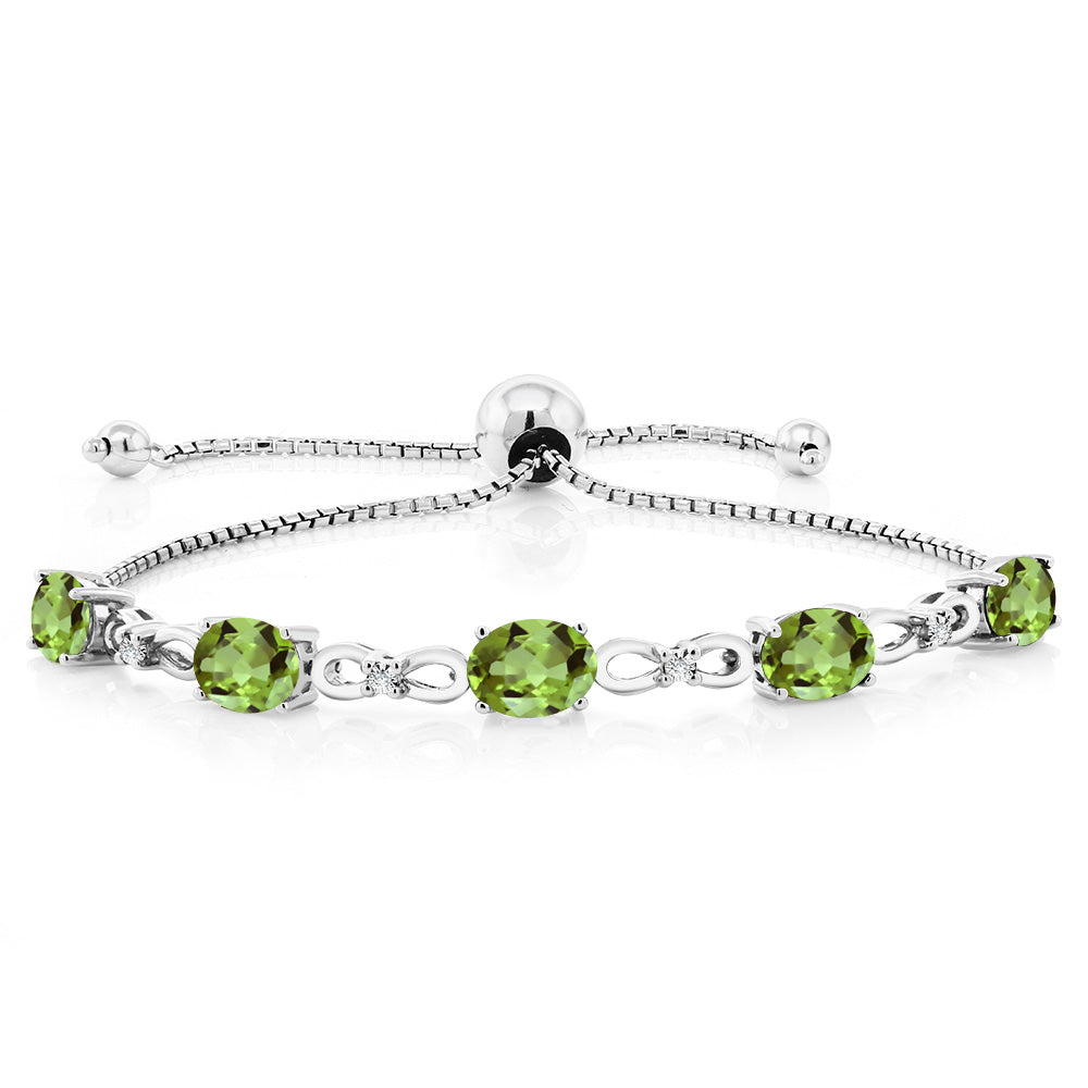 925 Sterling Silver Green Peridot and White Lab Grown Diamond Tennis Bracelet For Women (4.52 Cttw, Gemstone August Birthstone, Oval 7x5MM, Fully Adjustable Up to 9 Inch)