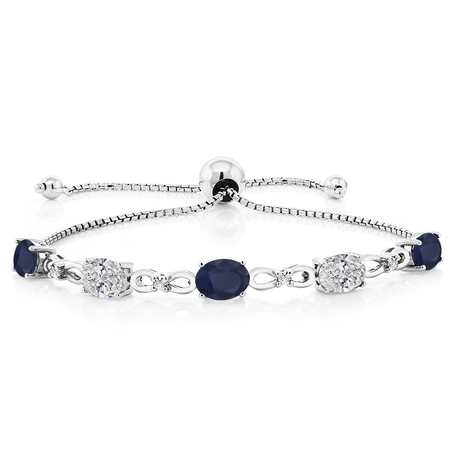 925 Sterling Silver Blue Sapphire and Lab Grown Diamond Bracelet For Women | 4.44 Cttw | Gemstone September Birthstone | Oval 7X5MM | Fully Adjustable 9 Inch