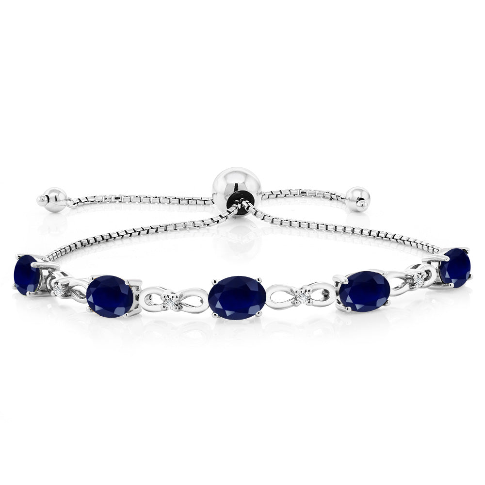 925 Sterling Silver Blue Sapphire and White Lab Grown Diamond Tennis Bracelet For Women (5.10 Cttw, Gemstone September Birthstone, Oval 7x5MM, Fully Adjustable Up to 9 Inch)