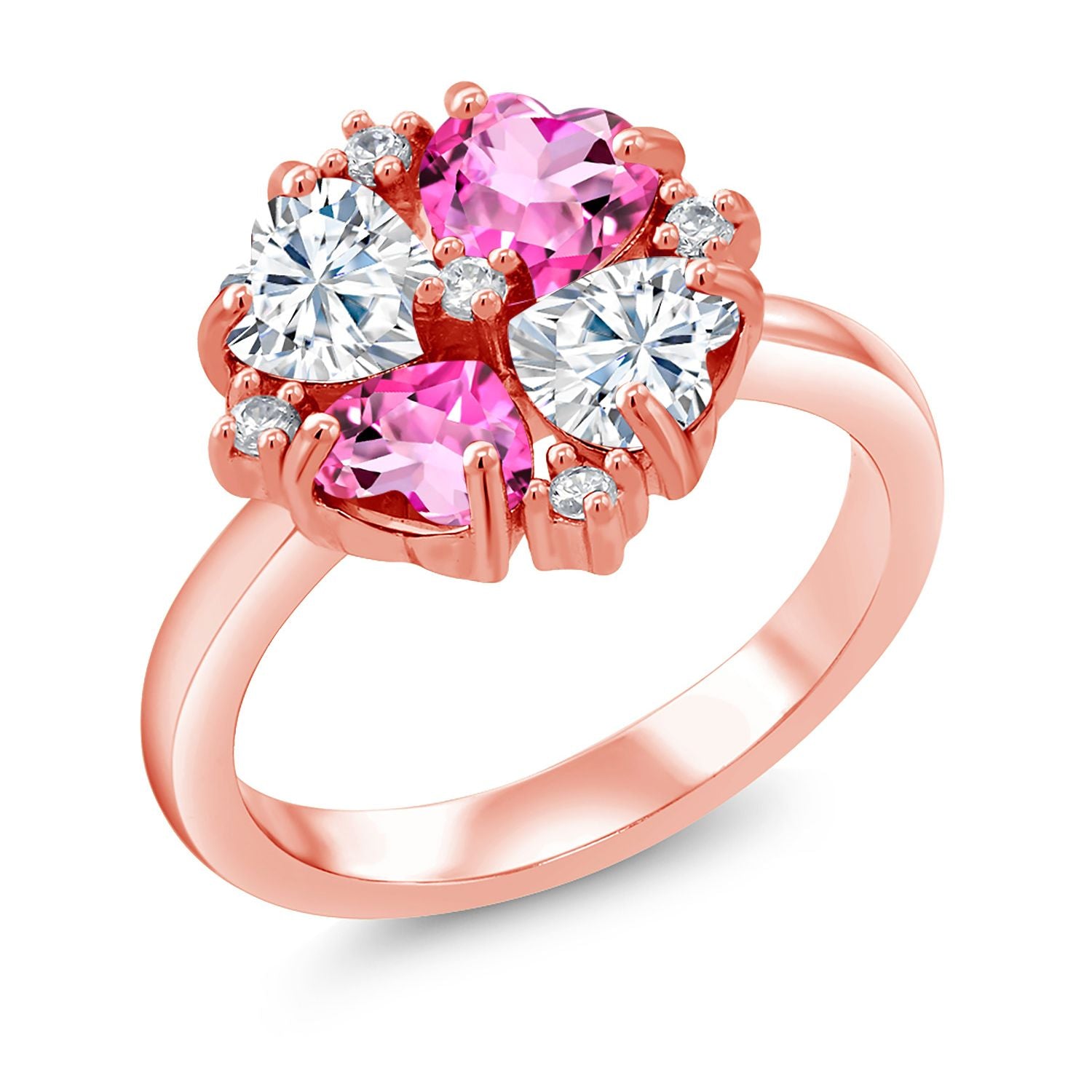 18K Rose Gold Plated Silver White Moissanite and Pink Mystic Topaz Ring For Women (2.12 Cttw, Heart Shape 5MM, Gemstone Birthstone, Available in Size 5,6,7,8,9)