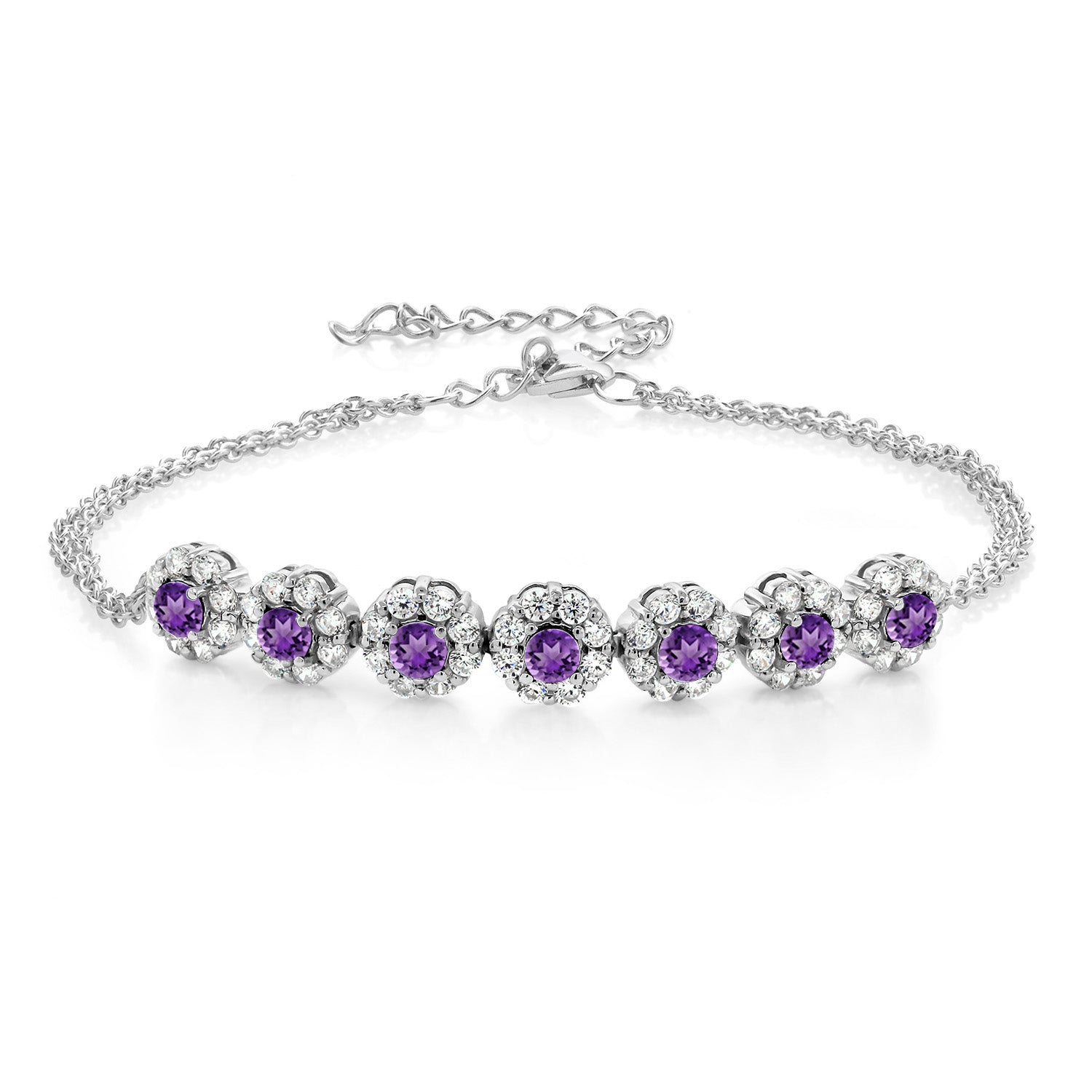 925 Sterling Silver Purple Amethyst Tennis Bracelet For Women (1.96 Cttw, Gemstone February Birthstone, 7 Inch with 2 Inch Extender)