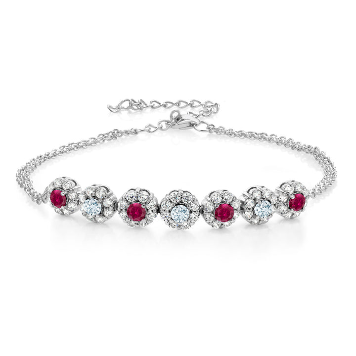 925 Sterling Silver Red Created Ruby and Sky Blue Aquamarine Tennis Bracelet For Women (2.35 Cttw, Gemstone July Birthstone, 7 Inch with 2 Inch Extender)