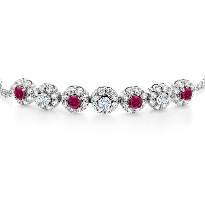 925 Sterling Silver Red Created Ruby and Sky Blue Aquamarine Tennis Bracelet For Women (2.35 Cttw, Gemstone July Birthstone, 7 Inch with 2 Inch Extender)