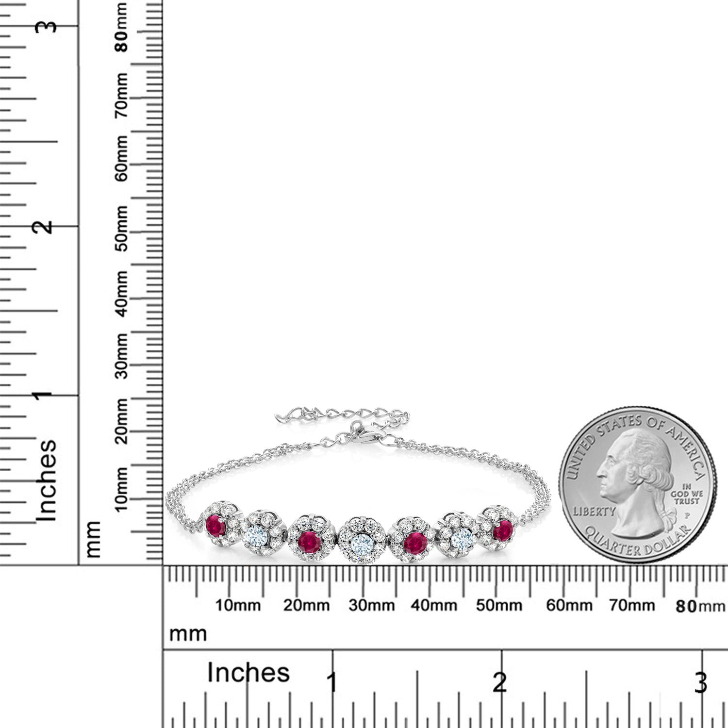 925 Sterling Silver Red Created Ruby and Sky Blue Aquamarine Tennis Bracelet For Women (2.35 Cttw, Gemstone July Birthstone, 7 Inch with 2 Inch Extender)