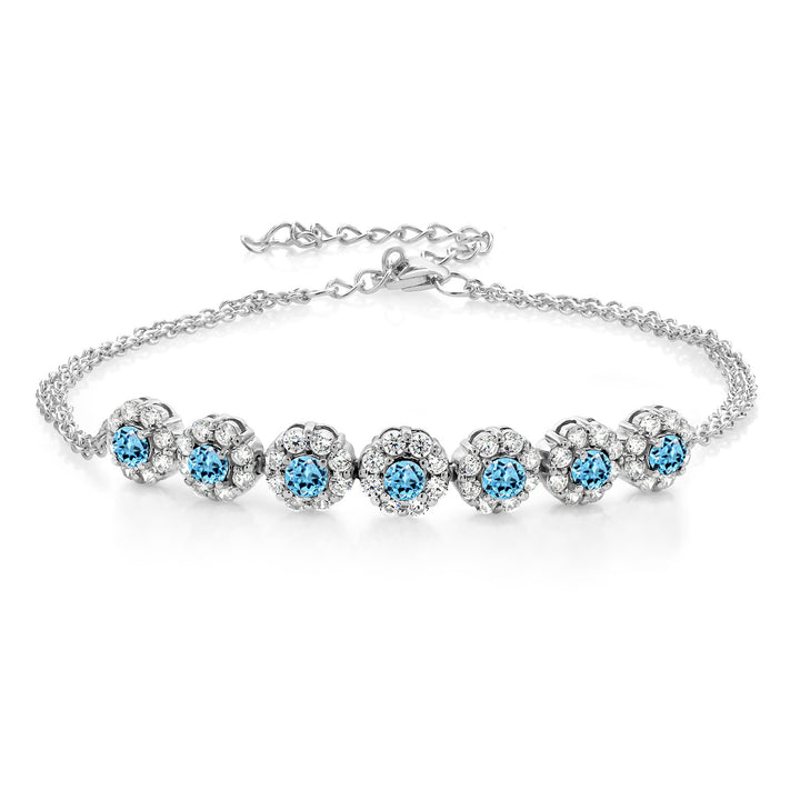 925 Sterling Silver Swiss Blue Topaz Tennis Bracelet For Women (2.24 Cttw, Gemstone November Birthstone, 7 Inch with 2 Inch Extender)