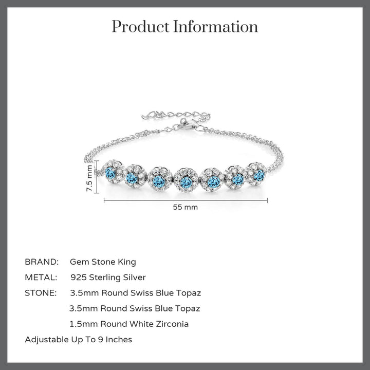 925 Sterling Silver Swiss Blue Topaz Tennis Bracelet For Women (2.24 Cttw, Gemstone November Birthstone, 7 Inch with 2 Inch Extender)