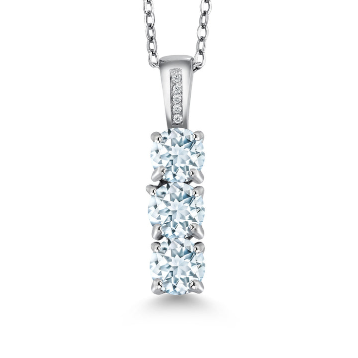 925 Sterling Silver Sky Blue Aquamarine and Diamond Women's 3-Stone Pendant Necklace (1.24 Cttw, Gemstone Birthstone, Round 5MM, with 18 Inch Silver Chain)