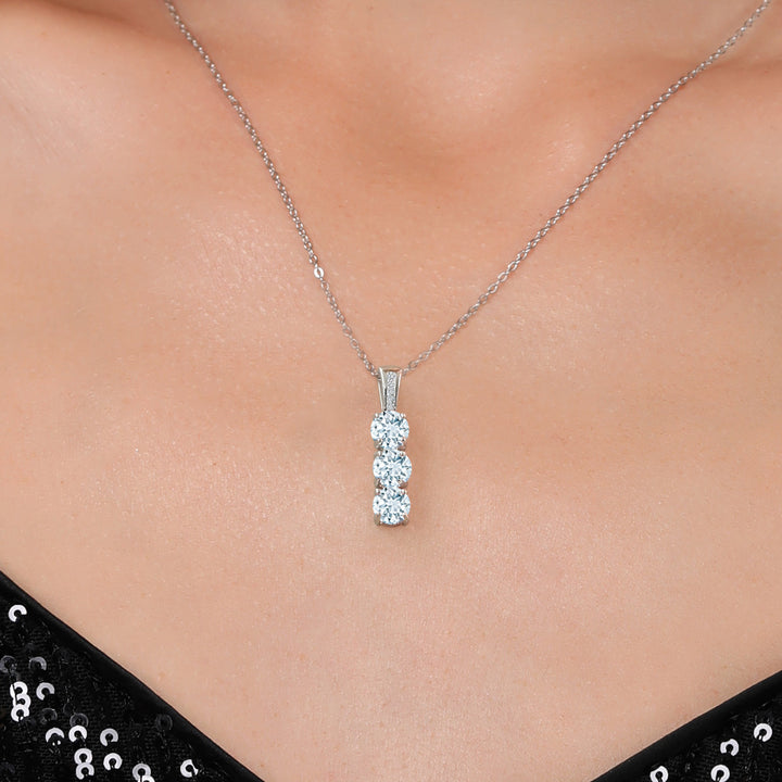 925 Sterling Silver Sky Blue Aquamarine and Diamond Women's 3-Stone Pendant Necklace (1.24 Cttw, Gemstone Birthstone, Round 5MM, with 18 Inch Silver Chain)