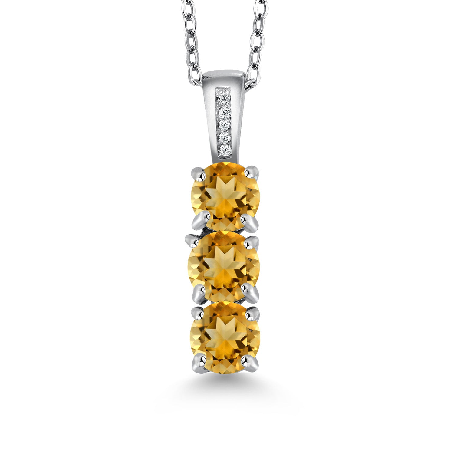 925 Sterling Silver Round Yellow Citrine and Diamond 3 Stone Pendant Necklace For Women (1.39 Cttw, Gemstone Birthstone, with 18 Inch Chain)