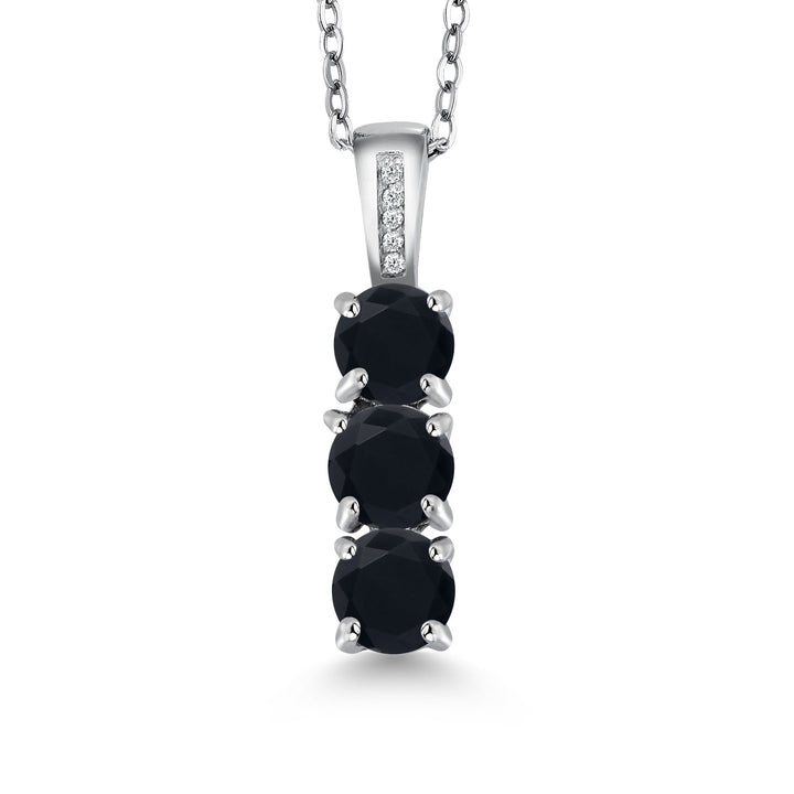 925 Sterling Silver Black Onyx and White Diamond Pendant Necklace For Women (1.46 Cttw, Gemstone Birthstone, Round 5MM, with 18 inch Silver Chain)