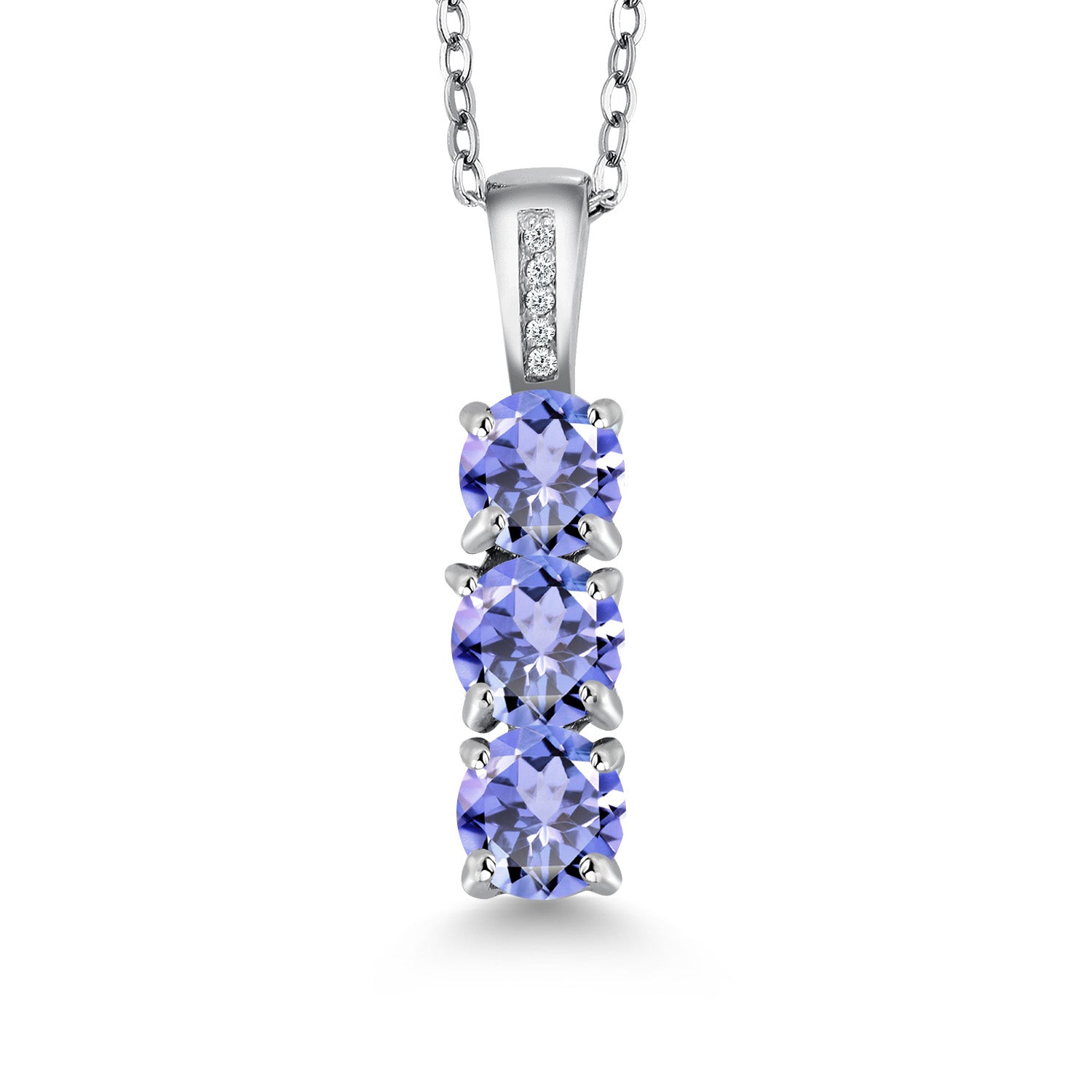 1.42 Ct Round Blue Tanzanite and Diamond 925 Sterling Silver Three Stone Pendant