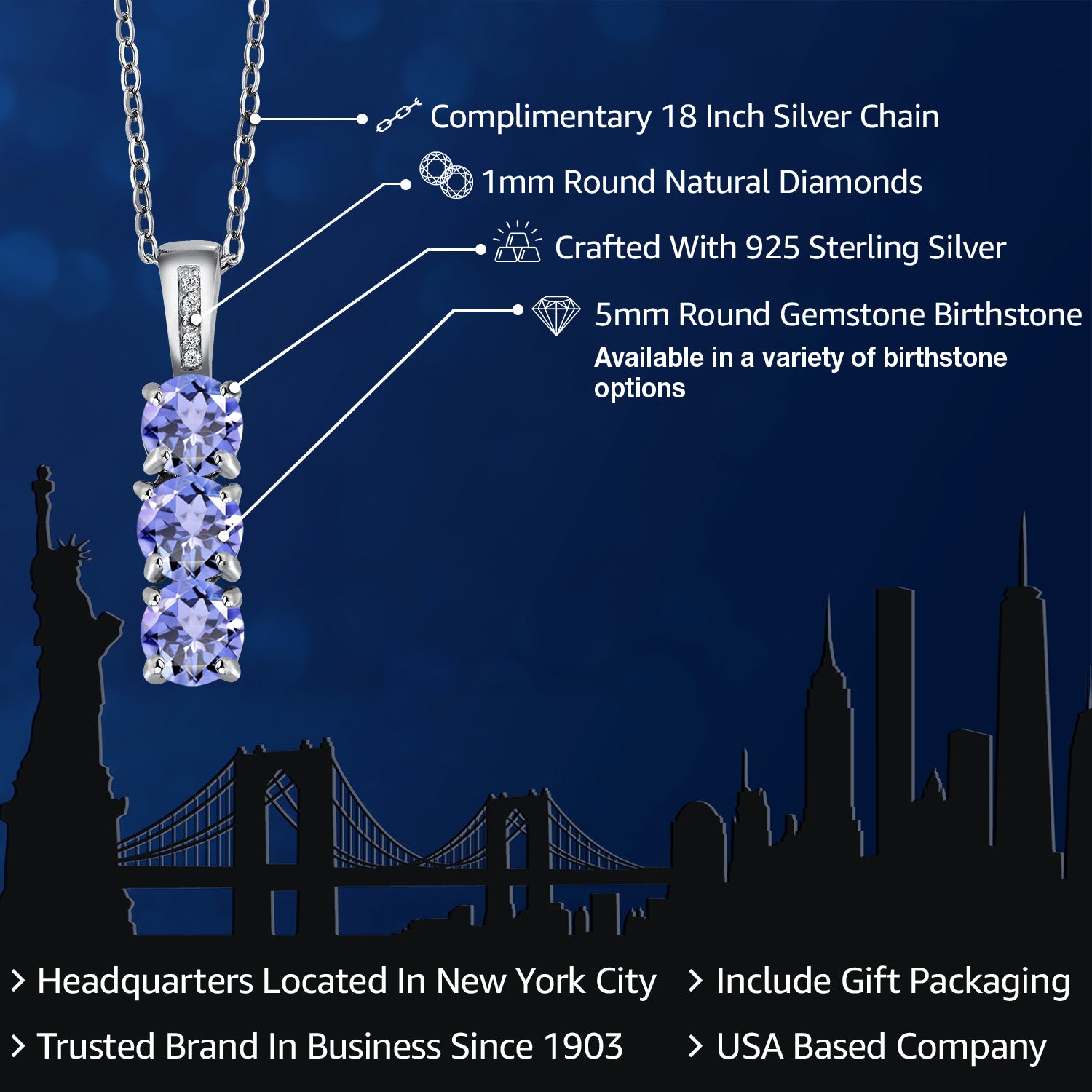 925 Sterling Silver Blue Tanzanite and Diamond Three Stone Pendant Necklace For Women (1.42 Cttw, Round 5MM, Gemstone Birthstone, with 18 inch Chain)