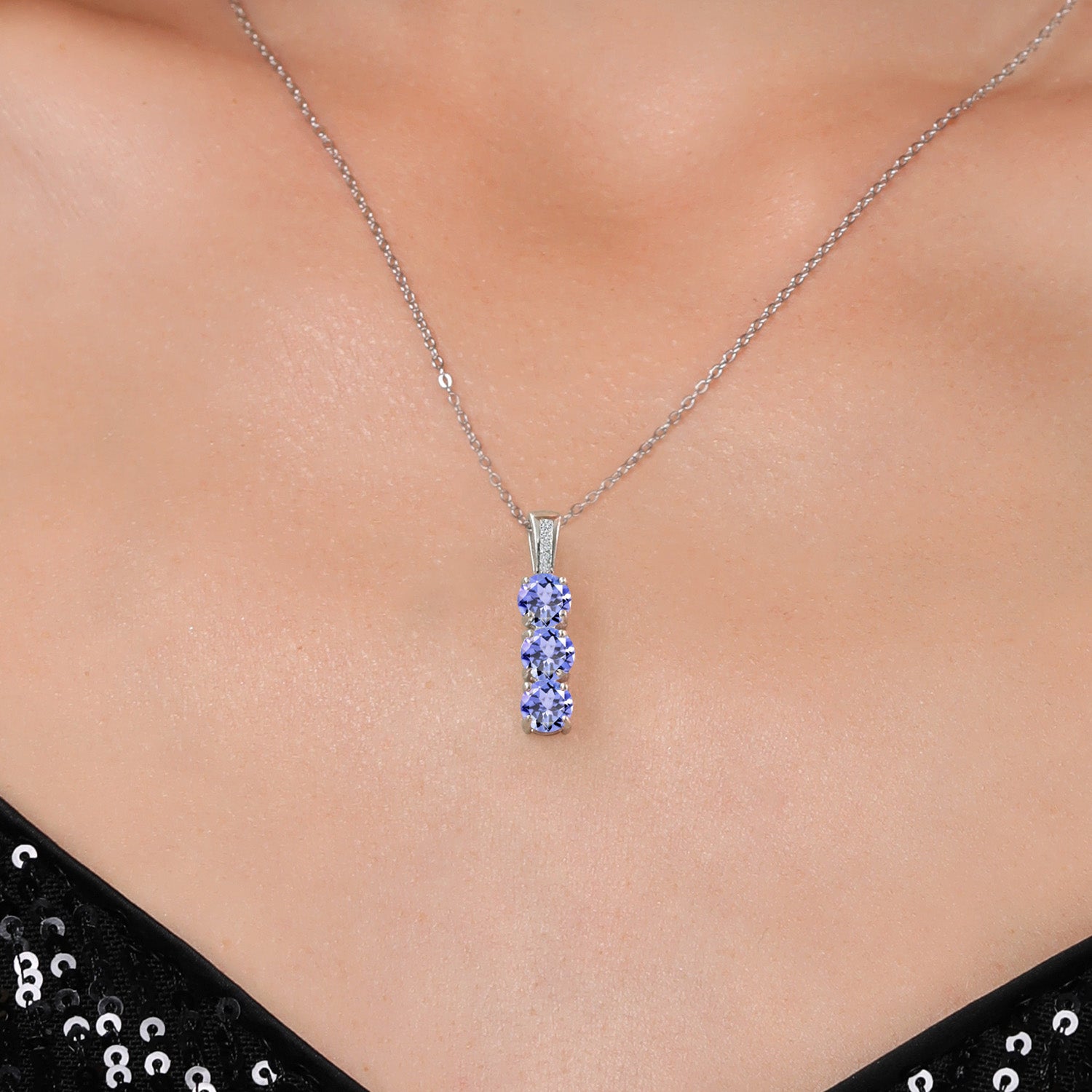 925 Sterling Silver Blue Tanzanite and Diamond Three Stone Pendant Necklace For Women (1.42 Cttw, Round 5MM, Gemstone Birthstone, with 18 inch Chain)