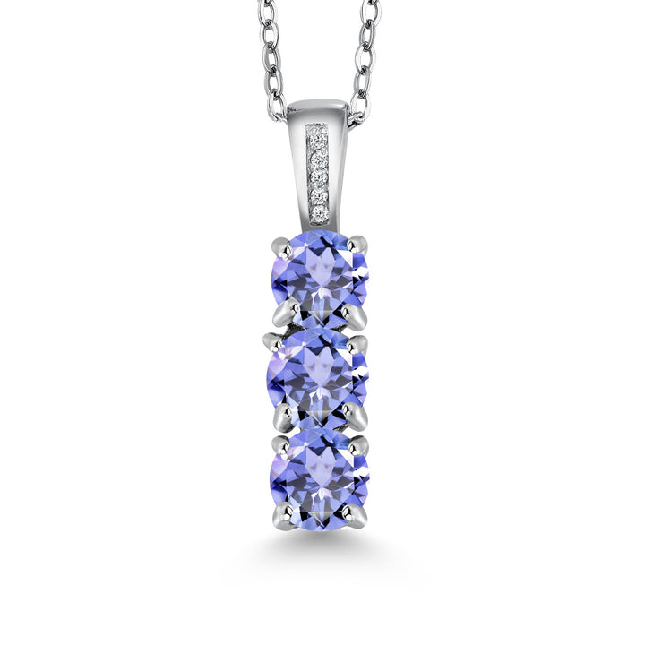 925 Sterling Silver Blue Tanzanite and Diamond Three Stone Pendant Necklace For Women (1.42 Cttw, Round 5MM, Gemstone Birthstone, with 18 inch Chain)