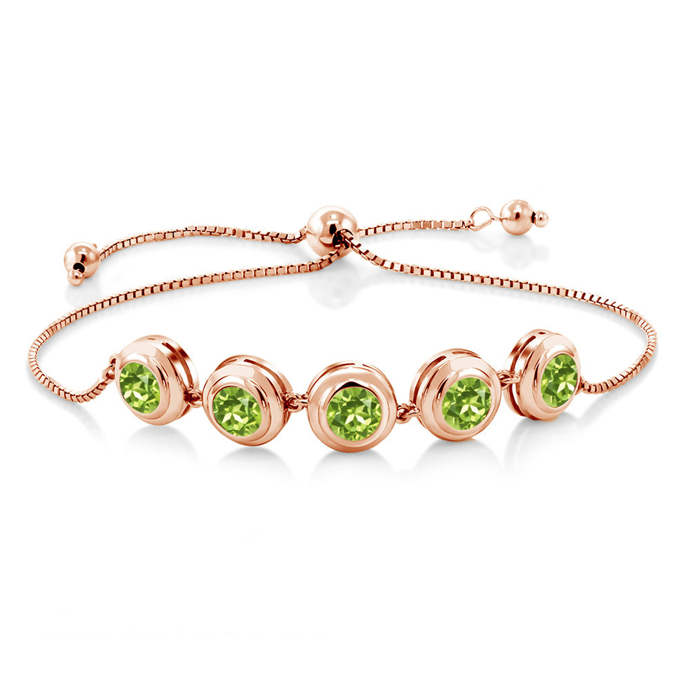 18K Rose Gold Plated Silver Green Peridot Tennis Bracelet For Women (4.25 Cttw, Round 6MM, Gemstone August Birthstone, Fully Adjustable Up to 9 Inch)