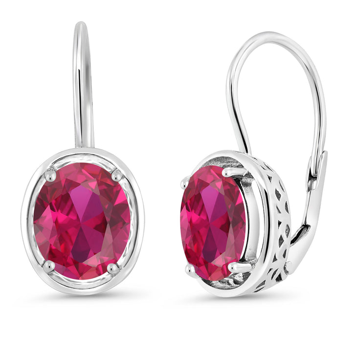 925 Sterling Silver Red Created Ruby Dangle Earrings For Women (4.00 Cttw, Oval 9X7MM)