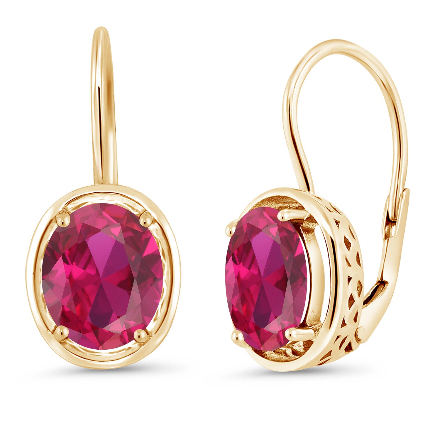 18K Yellow Gold Plated Silver Red Created Ruby Dangle Earrings For Women (4.00 Cttw, Oval 9X7MM)