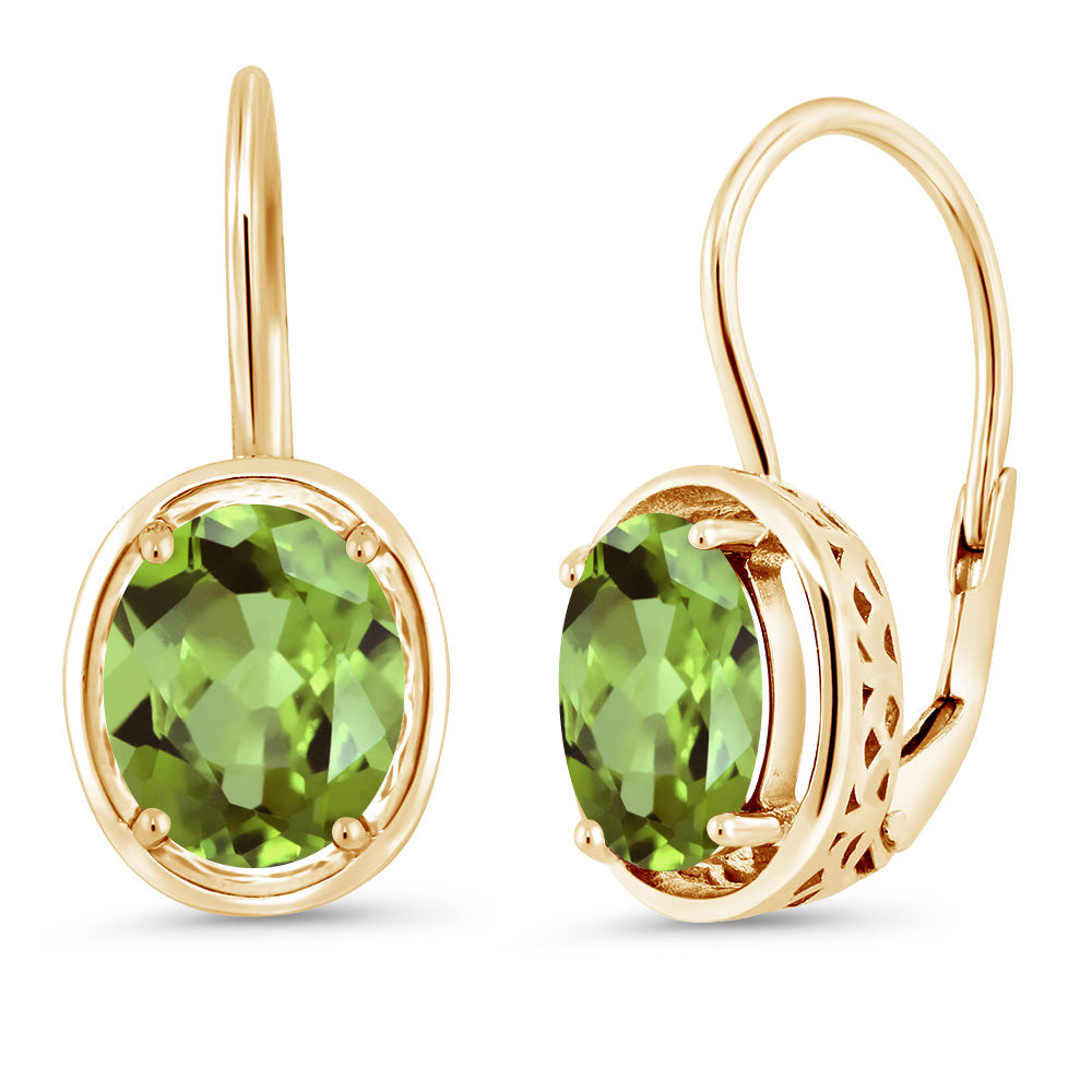 18K Yellow Gold Plated Silver Green Peridot Dangle Earrings For Women (3.60 Cttw, Gemstone Birthstone, Oval 9X7MM)