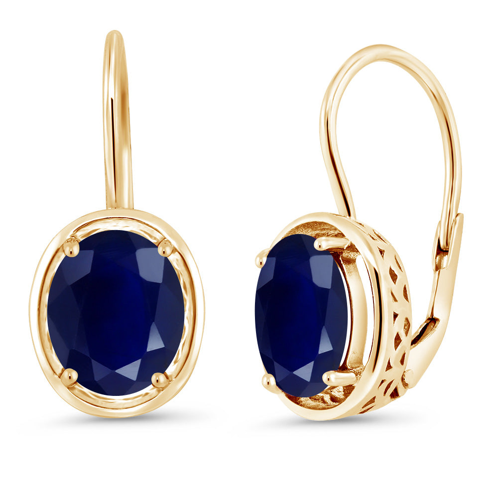 18K Yellow Gold Plated Silver Blue Sapphire Earrings | Oval 9X7MM Dangle Earrings for Women | 5.00 Cttw | Gold Earrings for Women