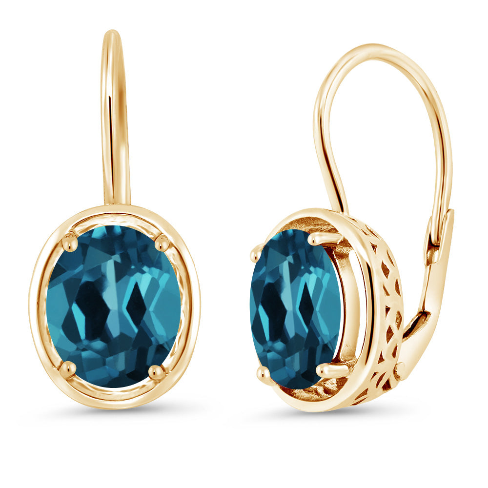 18K Yellow Gold Plated Silver London Blue Topaz Dangle Earrings For Women (3.60 Cttw Gemstone Birthstone Oval 9X7MM)