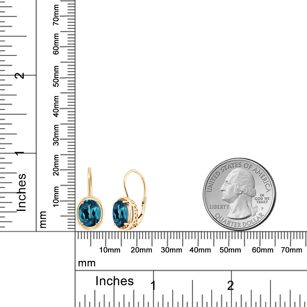 18K Yellow Gold Plated Silver London Blue Topaz Dangle Earrings For Women (3.60 Cttw Gemstone Birthstone Oval 9X7MM)