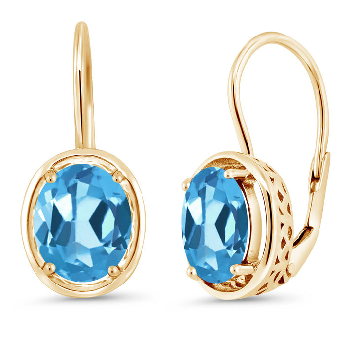 3.60 Ct Oval Swiss Blue Topaz 18K Yellow Gold Plated Silver Dangle Earrings