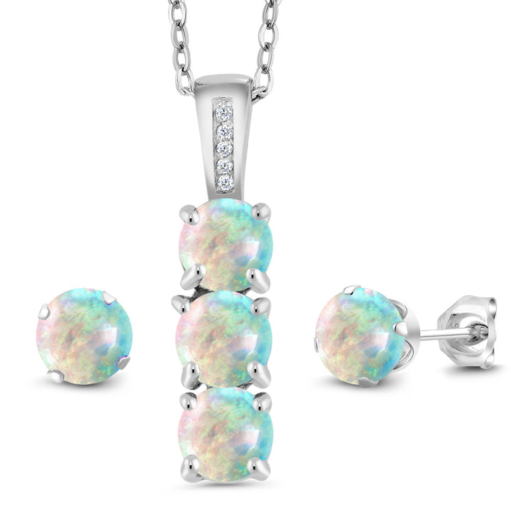 White Simulated Opal-Cabochon - October_Pendant Earrings Set in 925 Sterling Silver