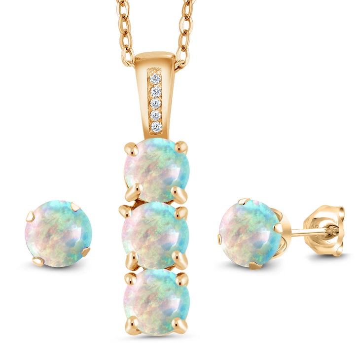 White Simulated Opal-Cabochon - October_Pendant Earrings Set in 925 Yellow Gold Plated Silver