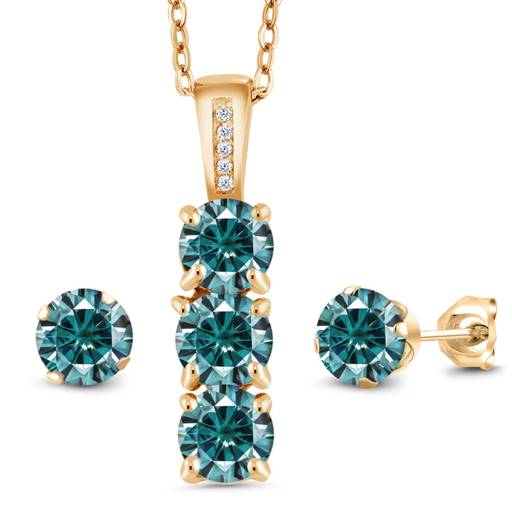 Blue Moissanite - April_Pendant Earrings Set in 925 Yellow Gold Plated Silver