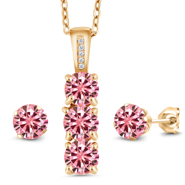 Pink Moissanite - April_Pendant Earrings Set in 925 Yellow Gold Plated Silver