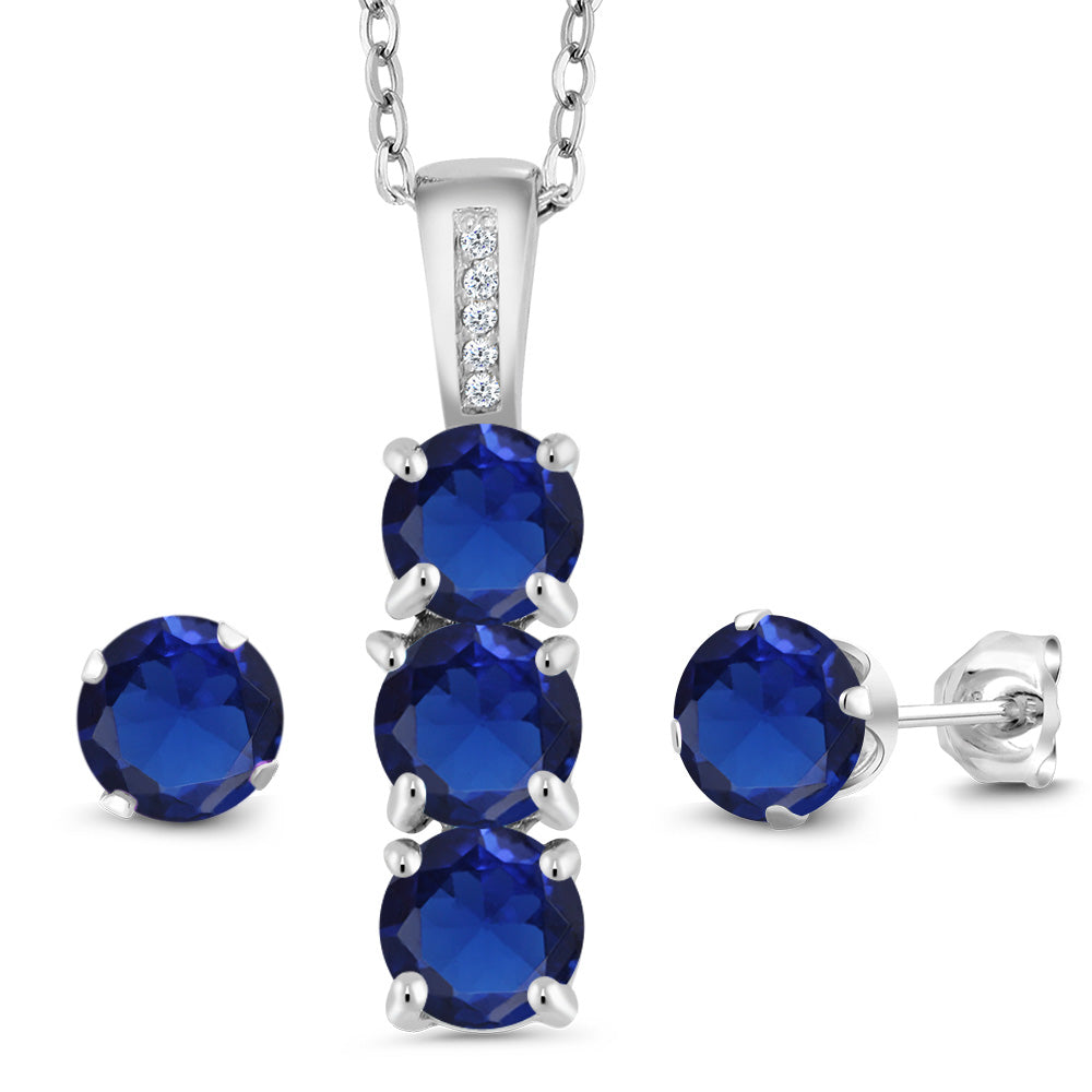 Blue Created Sapphire - September_Pendant Earrings Set in 925 Sterling Silver