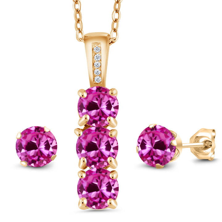 Pink Created Sapphire - September_Pendant Earrings Set in 925 Yellow Gold Plated Silver