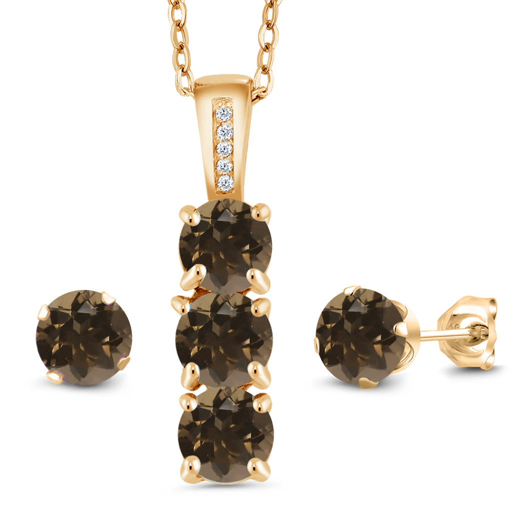 Smoky Quartz_Pendant Earrings Set in 925 Yellow Gold Plated Silver