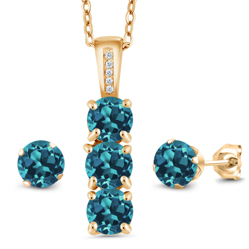 London Blue Topaz - November_Pendant Earrings Set in 925 Yellow Gold Plated Silver