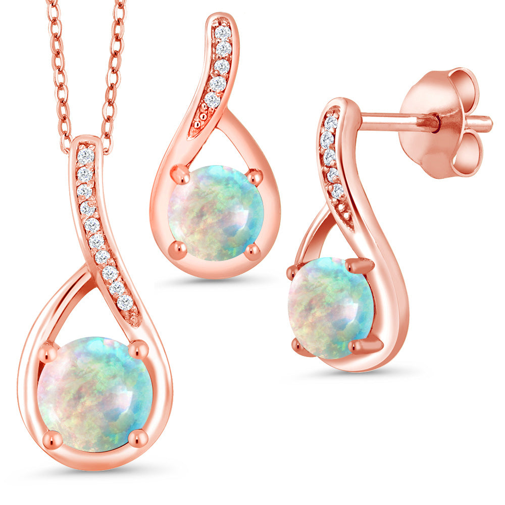 White Simulated Opal-Cabochon - October_Pendant Earrings Set in 925 Rose Gold Plated Silver