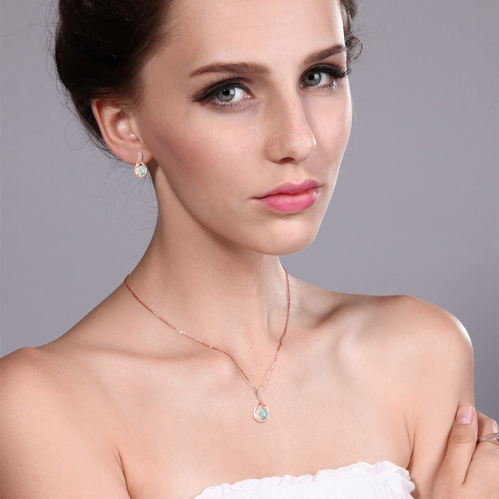 White Simulated Opal-Cabochon - October_Pendant Earrings Set in 925 Rose Gold Plated Silver