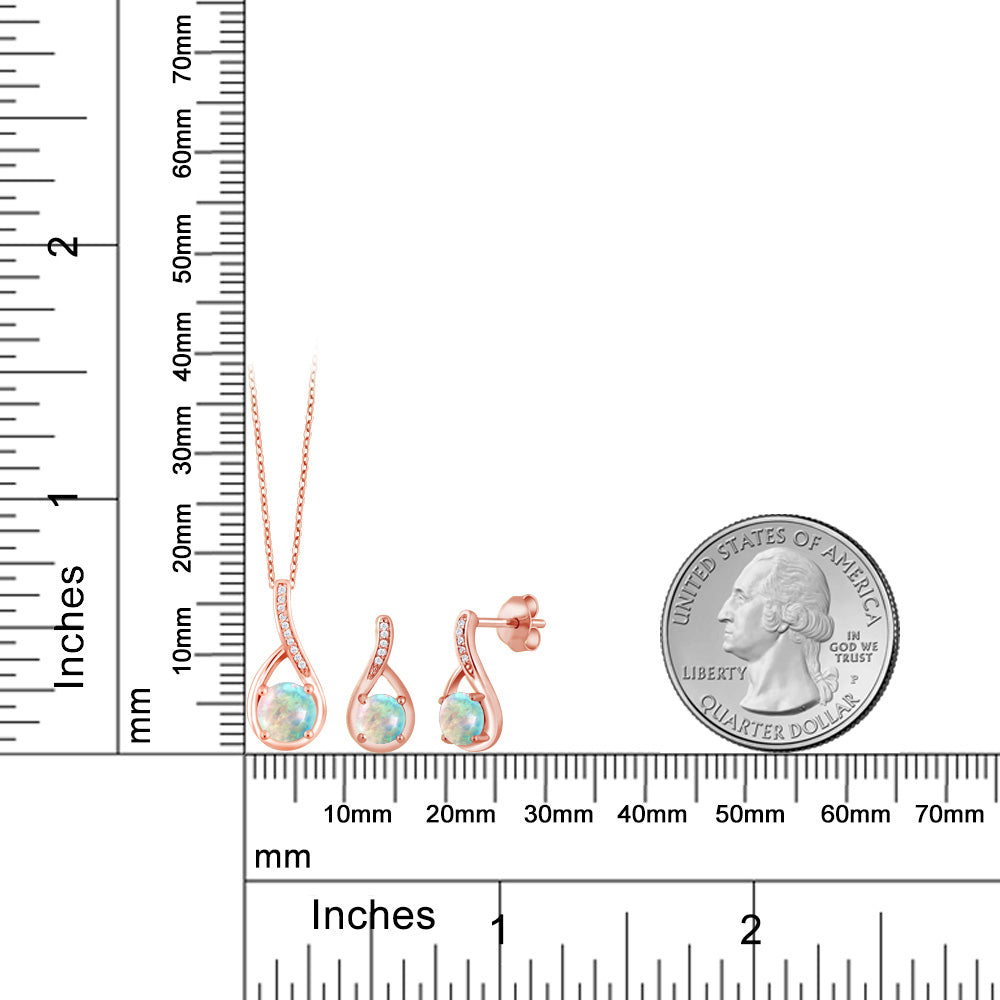 White Simulated Opal-Cabochon - October_Pendant Earrings Set in 925 Rose Gold Plated Silver