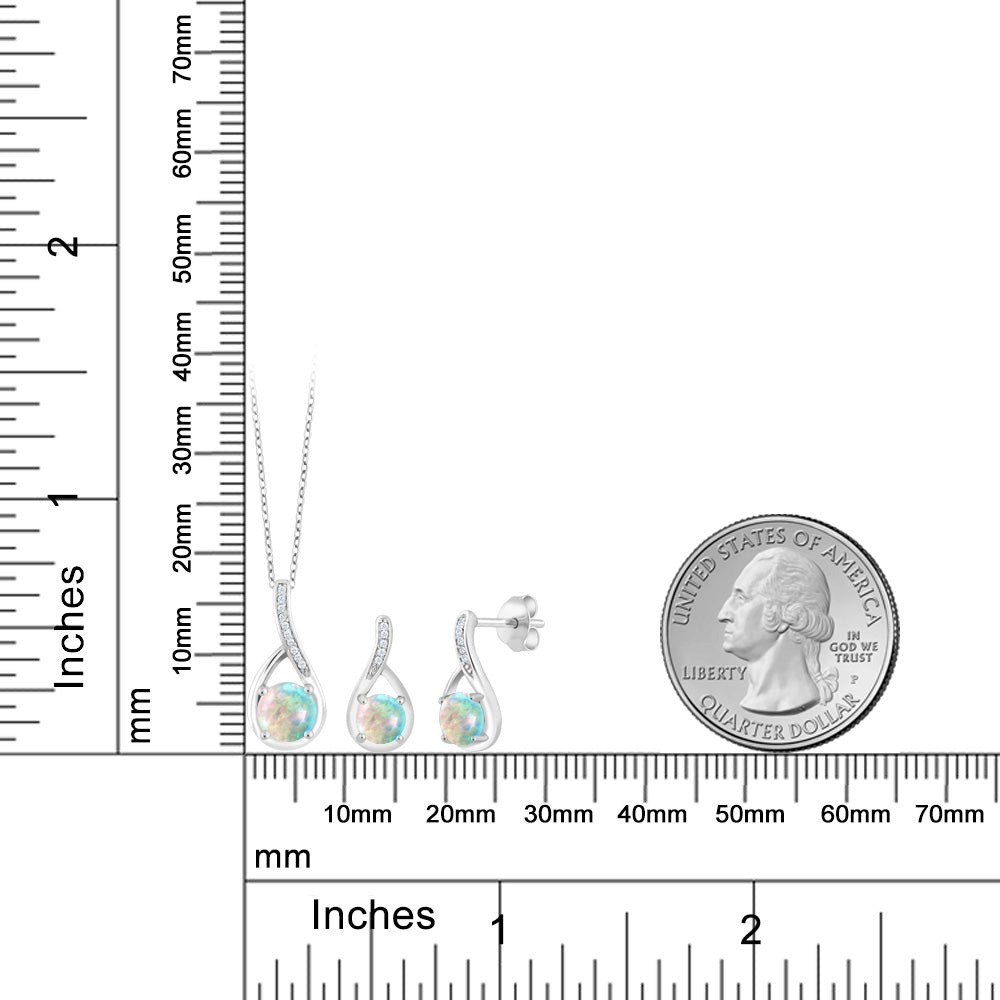 White Simulated Opal-Cabochon - October_Pendant Earrings Set in 925 Sterling Silver