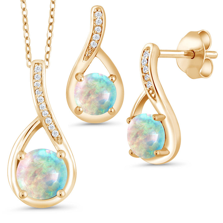 White Simulated Opal-Cabochon - October_Pendant Earrings Set in 925 Yellow Gold Plated Silver