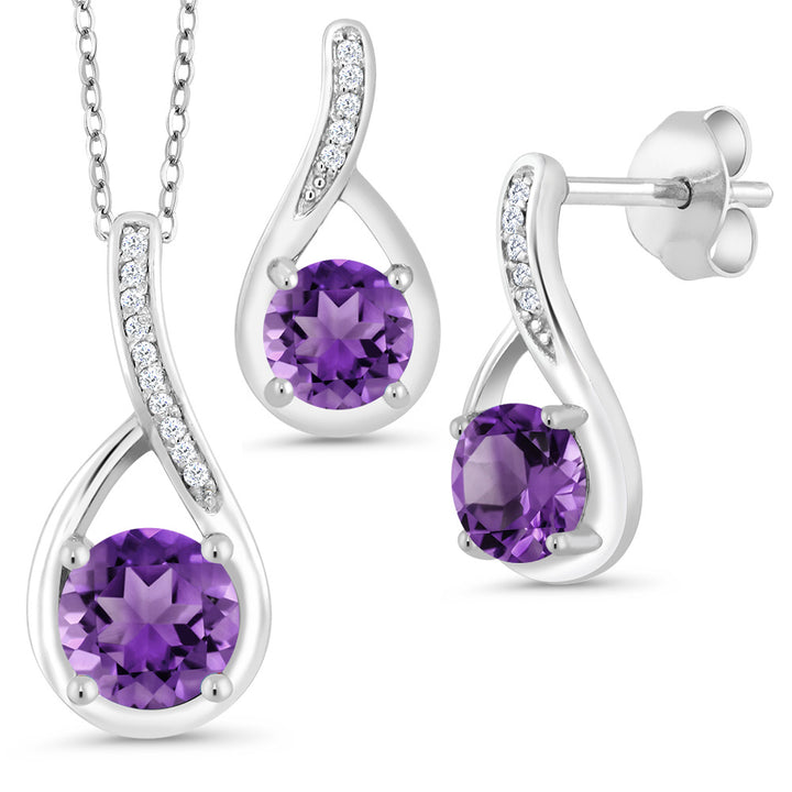 925 Sterling Silver Purple Amethyst and Diamond Pendant and Earrings Jewelry Set For Women (1.74 Cttw, Gemstone Birthstone, with 18 Inch Silver Chain)