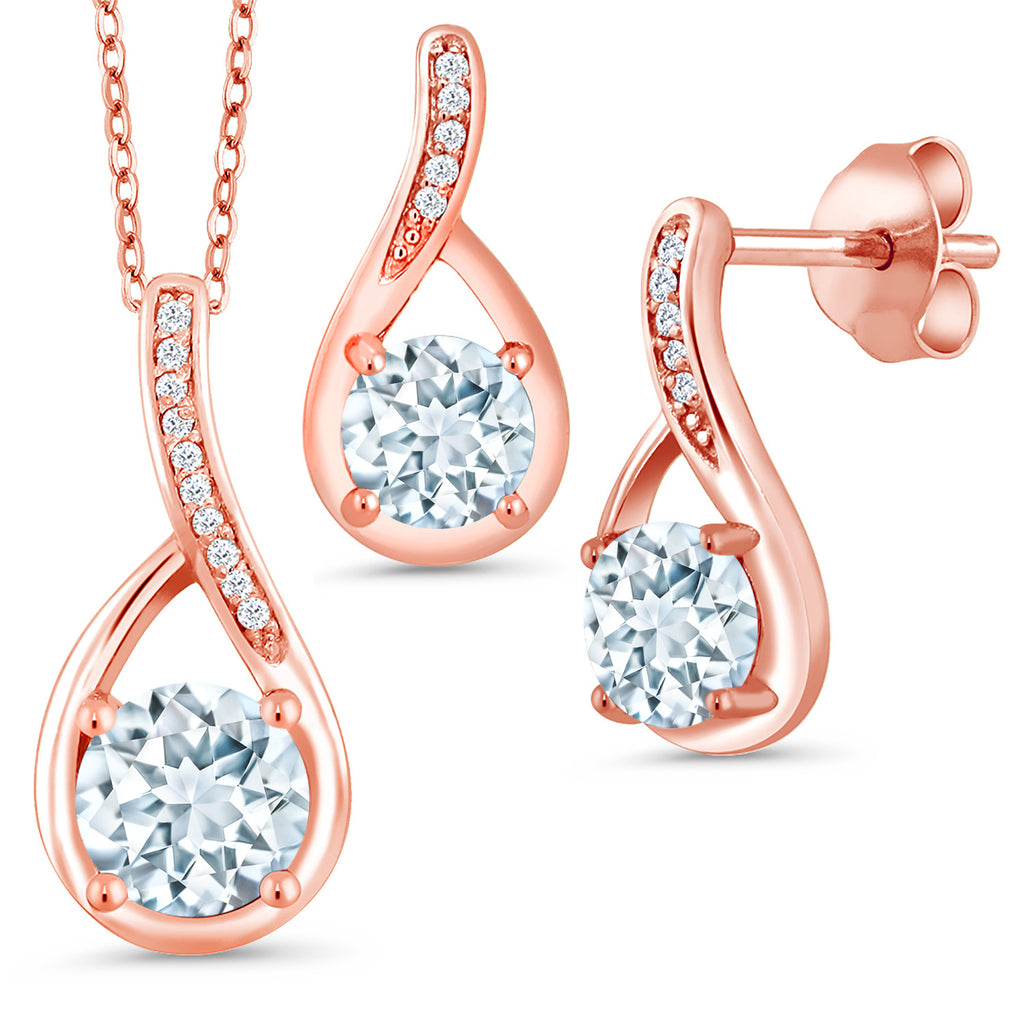 Aquamarine - March_Pendant Earrings Set in 925 Rose Gold Plated Silver