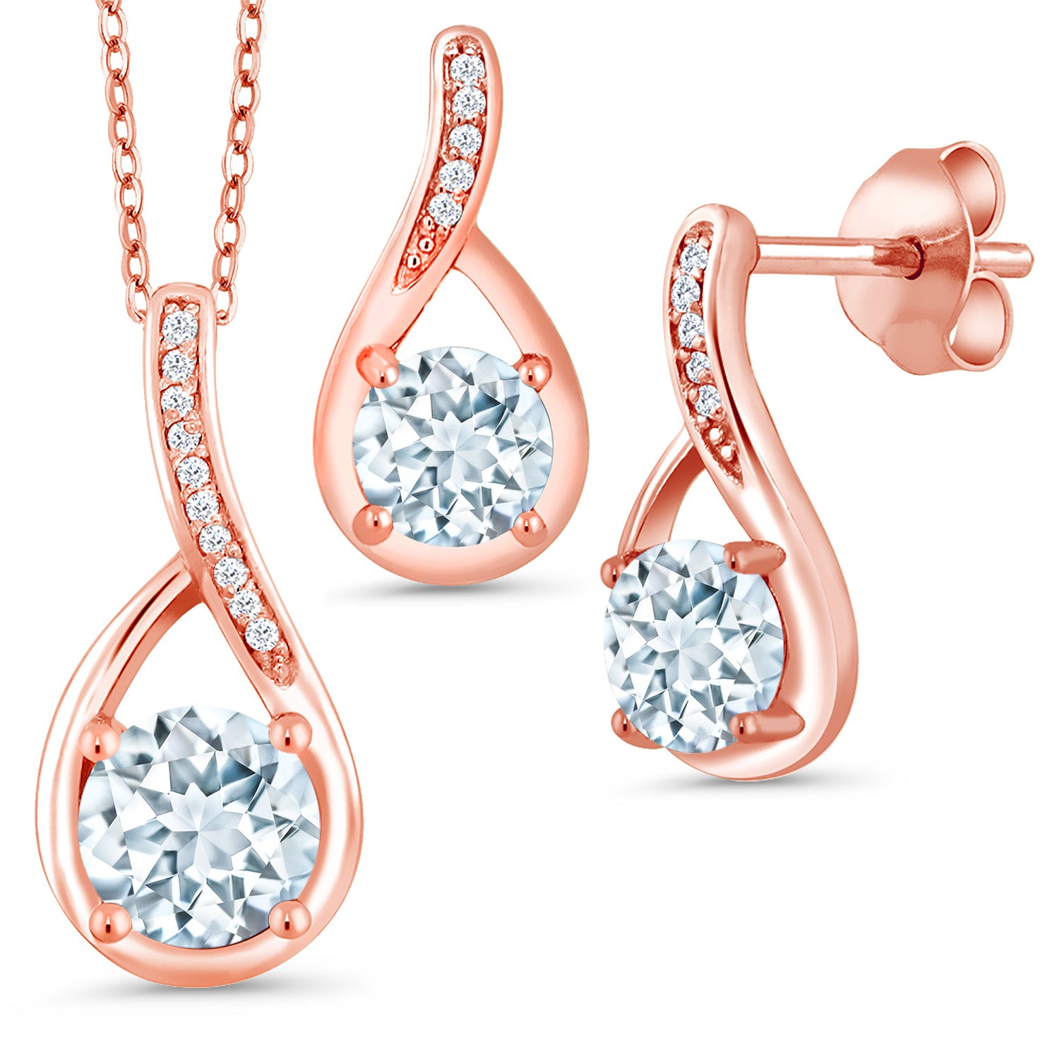 Aquamarine - March_Pendant Earrings Set in 925 Rose Gold Plated Silver