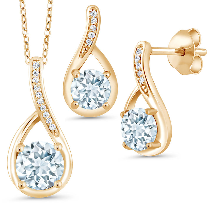 18K Yellow Gold Plated Silver Sky Blue Aquamarine and Diamond Pendant and Earrings Jewelry Set For Women (1.69 Cttw, with 18 Inch Chain)