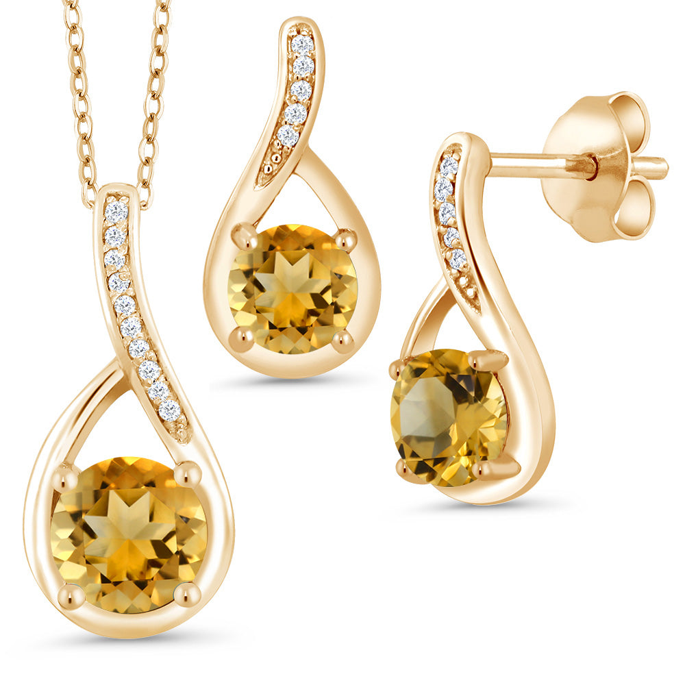 18K Yellow Gold Plated Silver Round Yellow Citrine and Diamond Pendant and Earrings Jewelry Set For Women (1.74 Cttw, Gemstone Birthstone, Round 6MM)