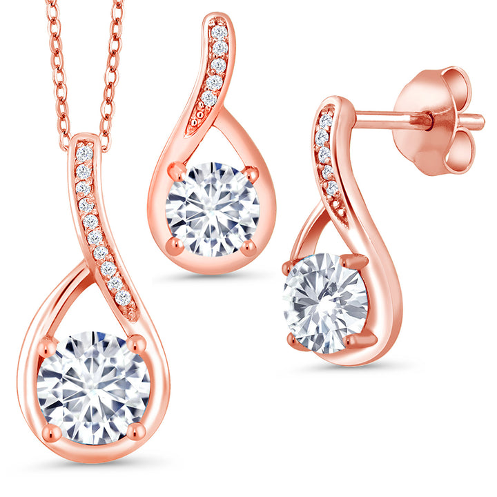 White Moissanite - April_Pendant Earrings Set in 925 Rose Gold Plated Silver